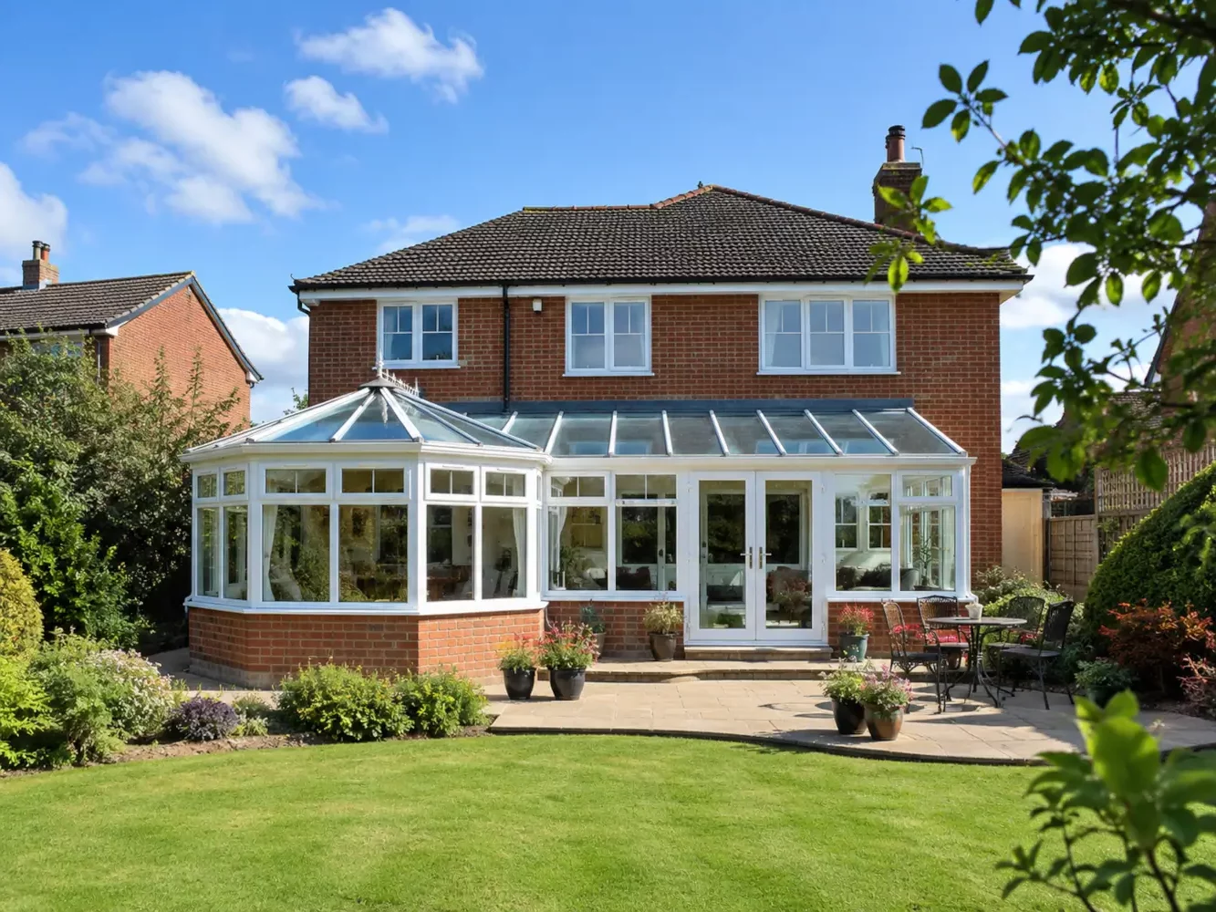 Combination conservatory {location} with white frames, glass roof and garden view on a bright sunny summer day.