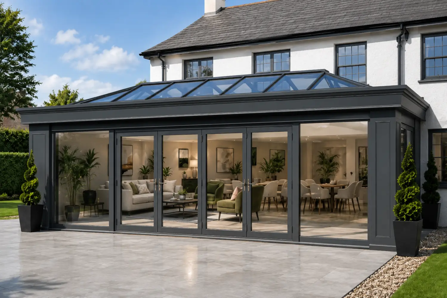 Conservatory {location} with dark glazing, roof lantern, wide glass doors and open-plan furnished living space.