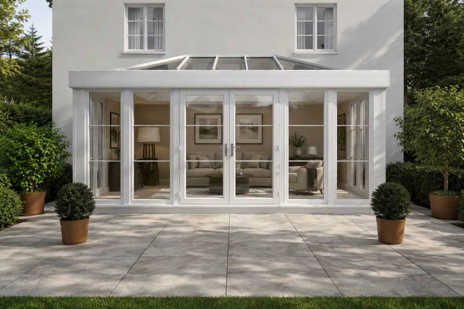 Conservatory {location} with white frames, glazed roof, French doors and a bright furnished living space opening onto a patio.
