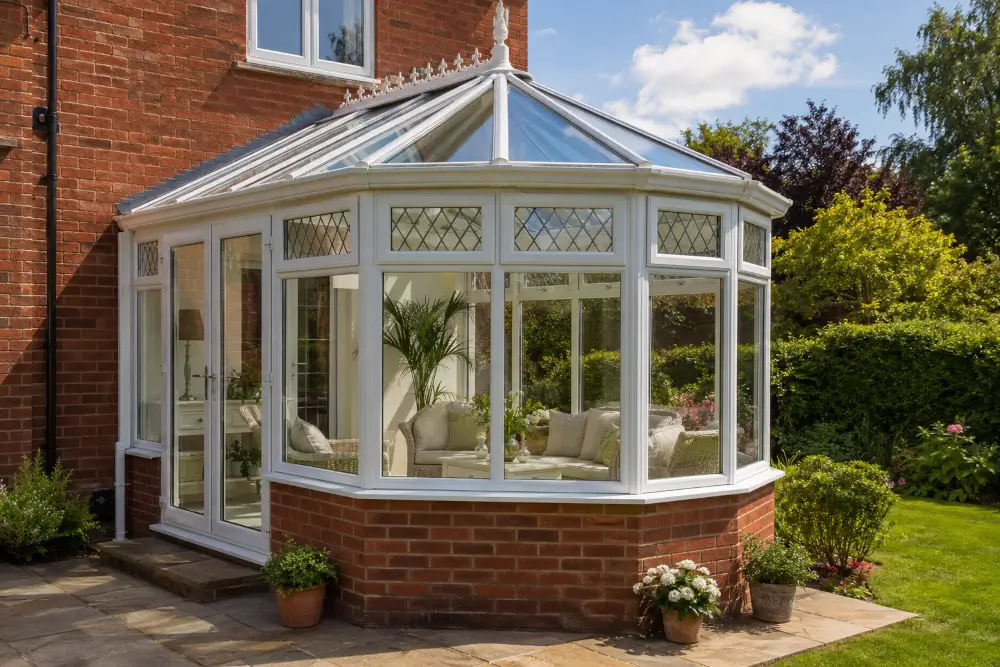 Conservatory {location} with white frames, glazed Victorian style roof, French doors and a bright furnished interior beside a brick home.